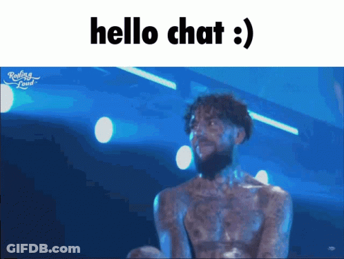 A Man Without A Shirt Is On A Stage With The Words Hello Chat Behind Him GIF