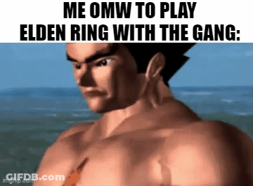 A Man Without A Shirt Is Playing Elden Ring With A Gang . GIF