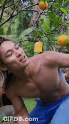 A Man Without A Shirt Is Reaching For An Orange From A Tree GIF