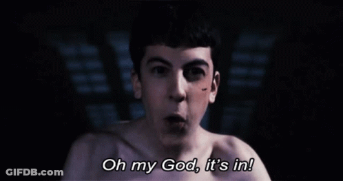 A Man Without A Shirt Is Saying Oh My God It 'S In GIF
