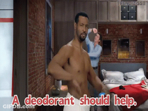 A Man Without A Shirt Is Standing In A Bedroom With The Words A Deodorant Should Help GIF