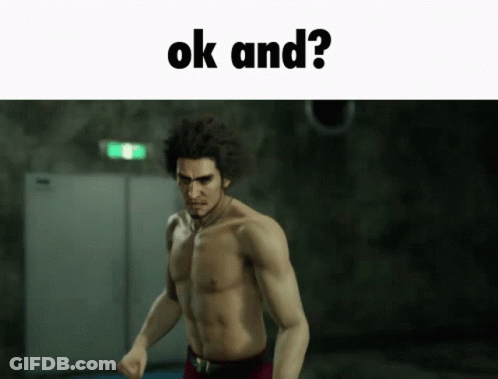 A Man Without A Shirt Is Standing In A Dark Room With The Words Ok And ? Above Him . GIF
