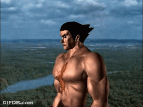 A Man Without A Shirt Is Standing In Front Of A Body Of Water GIF