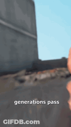 A Man Without A Shirt Is Standing In Front Of A Building With The Words " Generations Pass " On The Bottom GIF