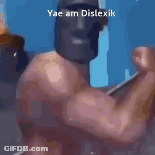 A Man Without A Shirt Is Standing In Front Of A Car With The Words Yae Am Dislexik Written On The Bottom GIF