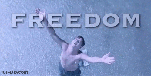 A Man Without A Shirt Is Standing In The Rain With His Arms Outstretched In Front Of The Word Freedom . GIF