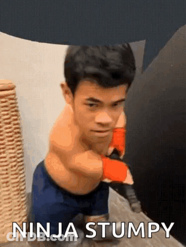 A Man Without A Shirt Is Standing Next To A Wicker Basket And Says Ninja Stumpy . GIF