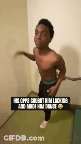 A Man Without A Shirt Is Standing On A Staircase With The Caption His Opps Caught Him Lacking And Made Him Dance . GIF