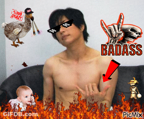 A Man Without A Shirt Is Surrounded By Flames And A Dodo Bird And The Word Badass GIF