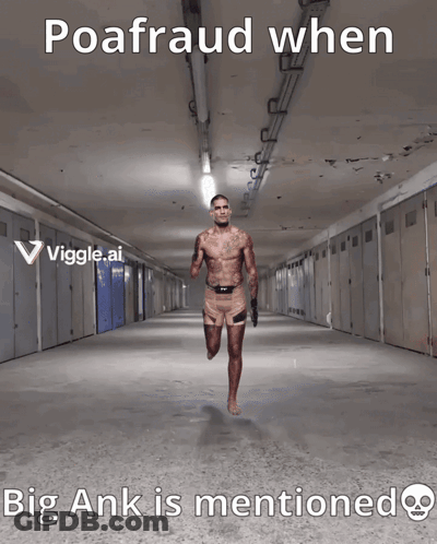 A Man Without A Shirt Is Walking Down A Hallway With The Words Poafraud When Big Ank Is Mentioned GIF