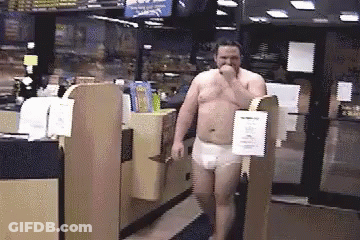 A Man Without A Shirt Is Walking In A Store With A Sign That Says ' Checkout ' On It GIF