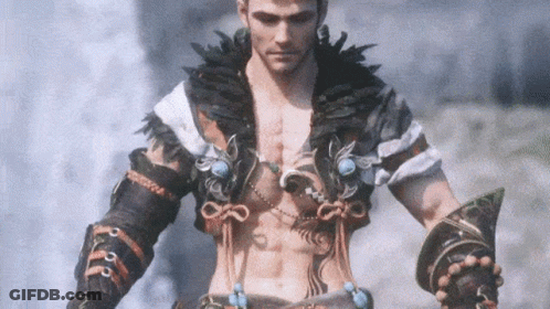 A Man Without A Shirt Is Wearing A Feathered Jacket And Holding A Sword GIF