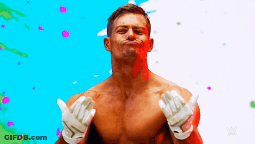 A Man Without A Shirt Is Wearing Gloves And Making A Face . GIF
