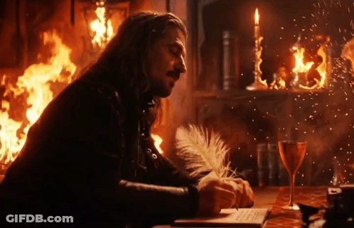 A Man Writes On A Piece Of Paper With A Feather In Front Of A Fire GIF