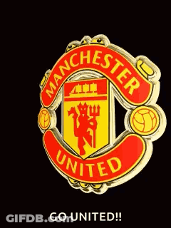 A Manchester United Logo On A Black Background With The Words Go United GIF