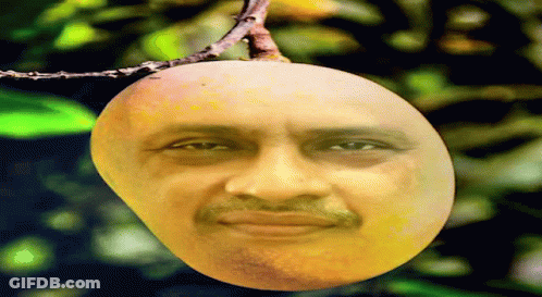 A Mango With A Man 'S Face On It Is Hanging From A Tree Branch GIF
