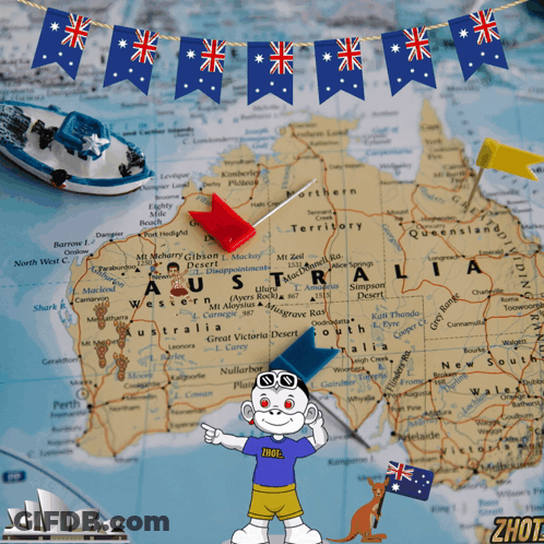 A Map Of Australia With Flags On It And A Monkey Pointing At It GIF