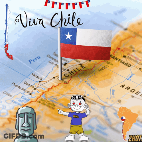 A Map Of Chile With A Flag And The Words Viva Chile GIF