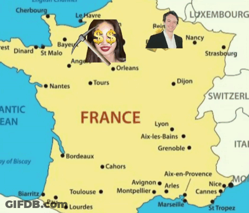 A Map Of France With A Woman Holding A Pickaxe And Gold GIF