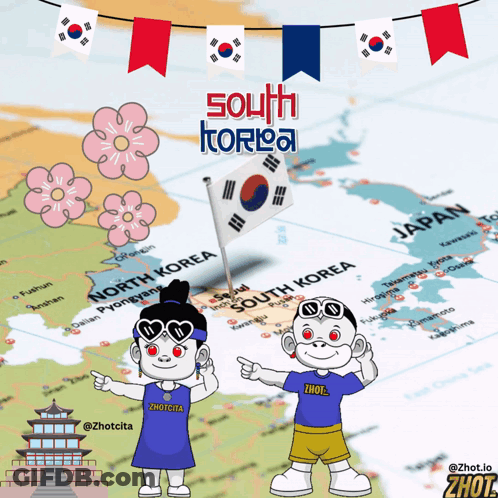 A Map Of South Korea With Two Cartoon Characters Pointing At It GIF