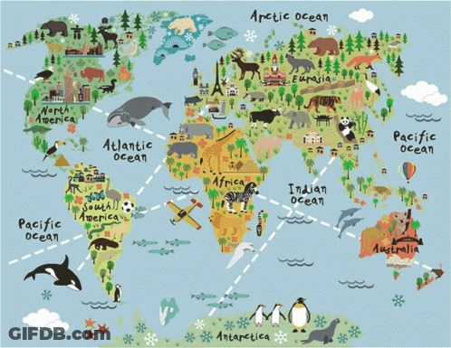 A Map Of The World With The Words Arctic Ocean Pacific Ocean And Australia GIF