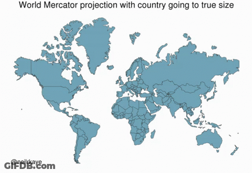 A Map Of The World With The Words World Mercator Projection With Country Going To True Size Below It GIF