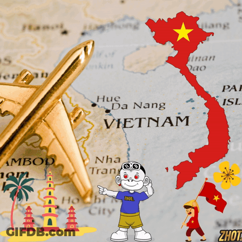 A Map Of Vietnam With A Cartoon Character Pointing To It GIF