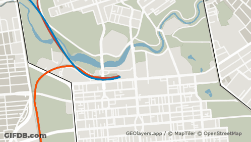 A Map Showing A City And Surrounding Areas Is Created By Geolayers.app And Openstreetmap GIF