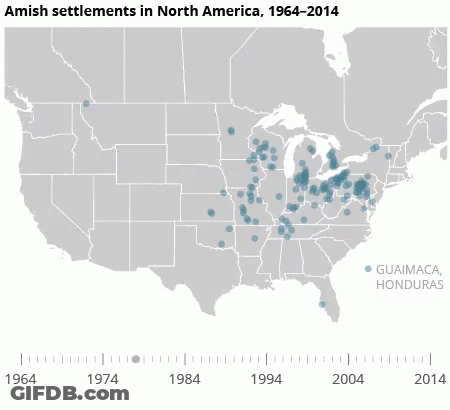 A Map Showing Amish Settlements In North America From 1964 To 2014 GIF