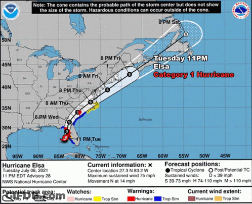 A Map Showing The Path Of Hurricane Elsa On Tuesday July 06 2021 GIF