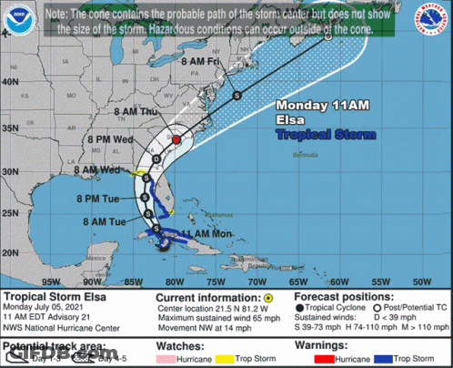 A Map Showing The Path Of Tropical Storm Elsa On Monday July 5 2021 GIF