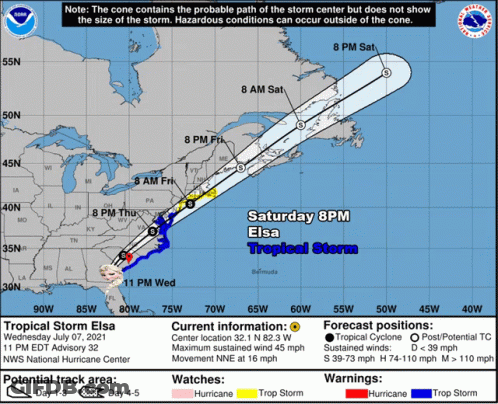 A Map Showing The Path Of Tropical Storm Elsa On Saturday 8Pm GIF