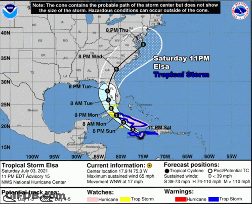 A Map Showing The Path Of Tropical Storm Elsa On Saturday July 3 2021 GIF
