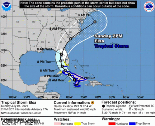 A Map Showing The Path Of Tropical Storm Elsa On Sunday 2Pm GIF