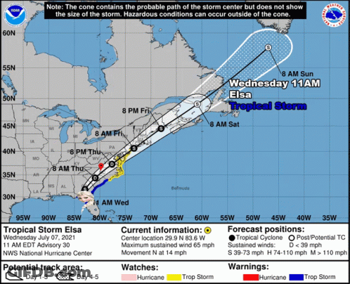 A Map Showing The Path Of Tropical Storm Elsa On Wednesday July 7 2021 GIF