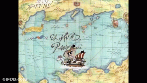 A Map Shows A Pirate Ship In The Middle Of The Ocean Near El Morro GIF