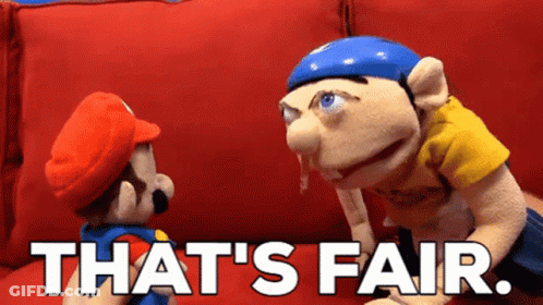 A Mario And A Jeff Puppet Are Sitting On A Red Couch And The Words That 'S Fair Are Above Them GIF