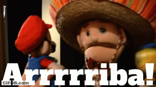 A Mario And Donkey Kong Puppet Are Standing Next To Each Other And The Words Arrrriba Are Visible GIF
