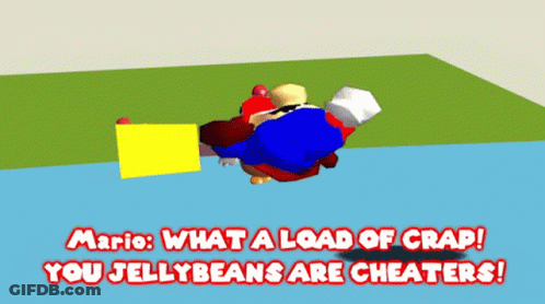 A Mario Cartoon With The Words " What A Load Of Crap You Jellybeans Are Cheaters " GIF