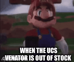 A Mario Doll Is Standing In A Field With The Words `` When The Ucs Venator Is Out Of Stock '' GIF