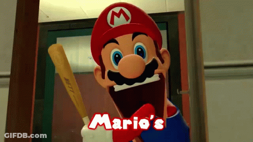 A Mario Holding A Baseball Bat With The Words Mario 'S On The Bottom Right GIF