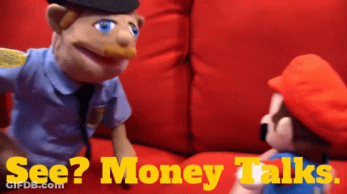 A Mario Puppet Is Talking To A Police Puppet On A Red Couch With The Words See Money Talks Below Them GIF