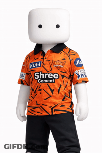 A Marshmallow Wearing An Orange Shirt That Says Shree Cement On It GIF