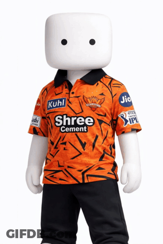 A Marshmallow Wearing An Orange Shirt That Says Shree Cement On It GIF