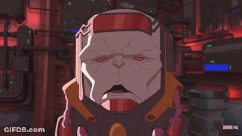 A Marvel Hq Advertisement With A Cartoon Character In A Helmet GIF