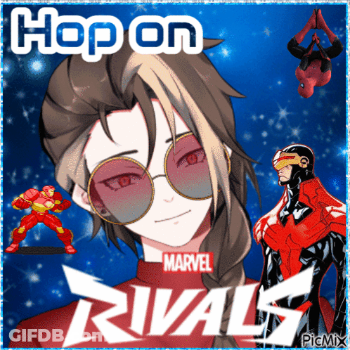 A Marvel Rivals Poster With A Woman Wearing Glasses GIF