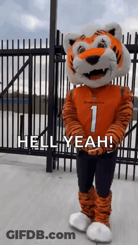 A Mascot Dressed As A Tiger Is Standing In Front Of A Fence And Says `` Hell Yeah '' . GIF