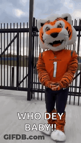 A Mascot Dressed As A Tiger Is Standing In Front Of A Fence And Says `` Who Dey Baby '' . GIF