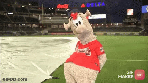A Mascot For The Braves Is Standing On A Field GIF