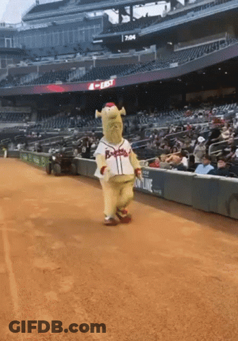 A Mascot For The Braves Is Walking On The Baseball Field GIF